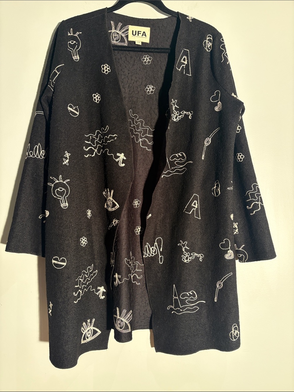 UFA Black Embroidered Wool Blend Long Cardigan Coat S/M